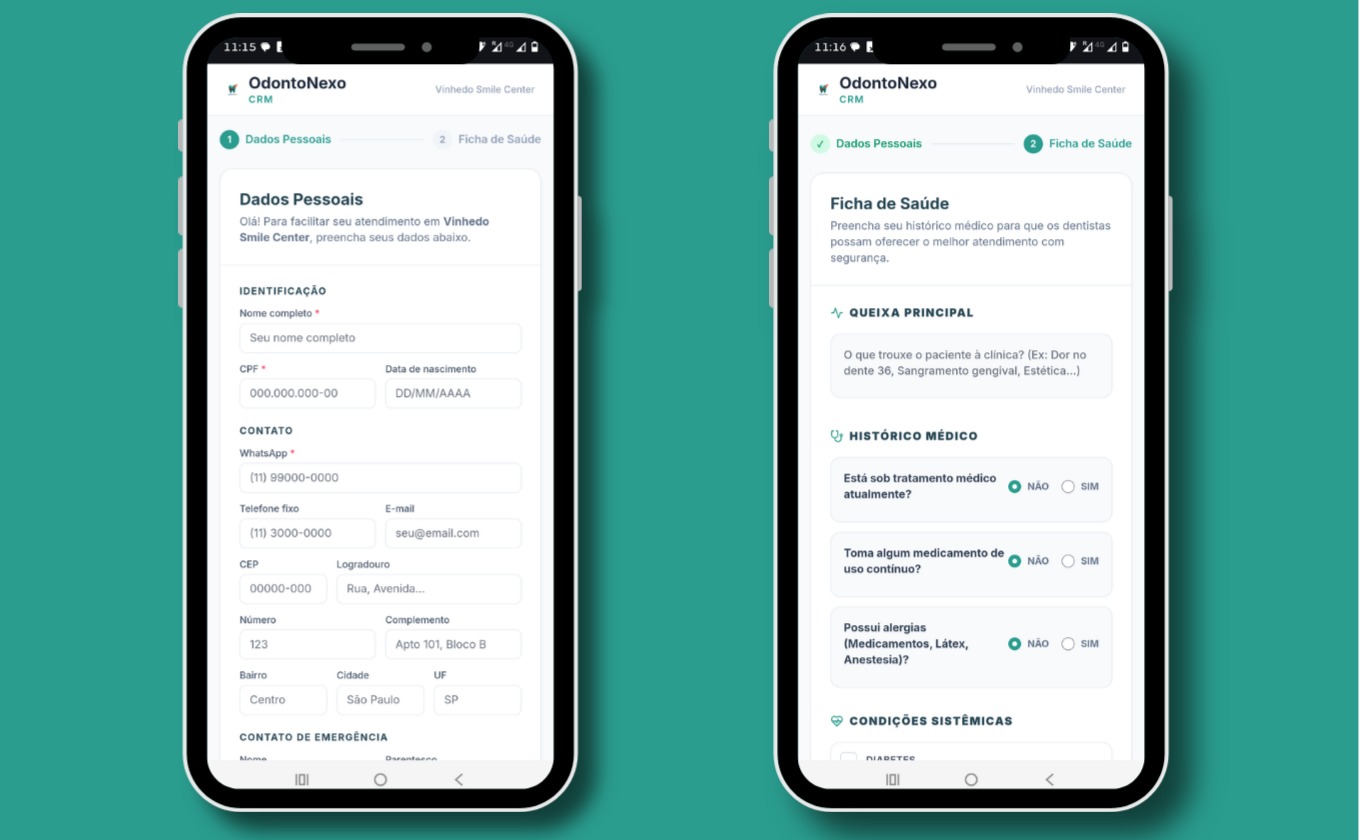 Anamnese digital do OdontoNexo preenchida pelo paciente antes da consulta, com histórico clínico e alergias registrados eletronicamente