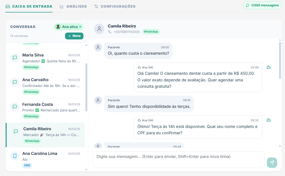 Conversa do paciente com a agente de IA Ana no WhatsApp do OdontoNexo confirmando uma consulta agendada