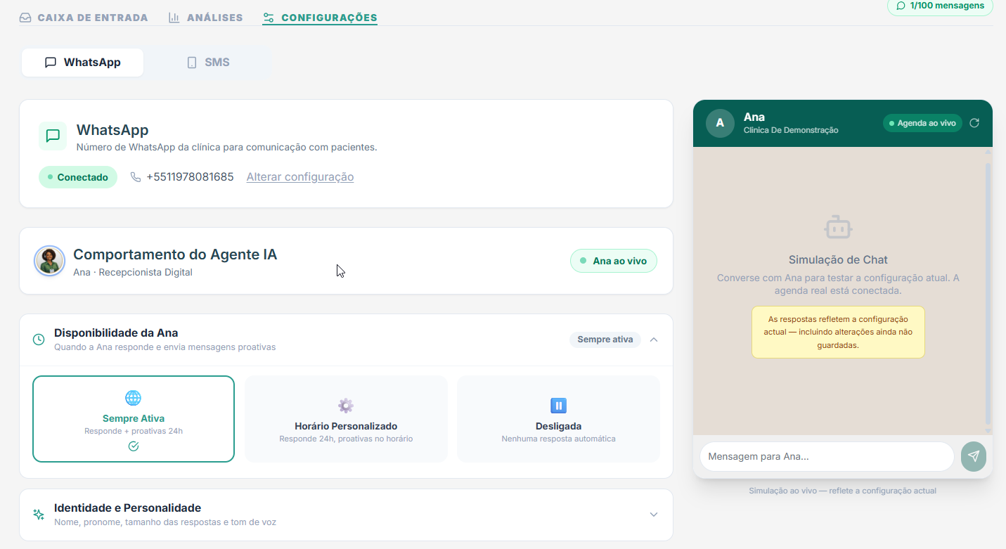 Tela de Configurações do WhatsApp mostrando o status Conectado e os cinco gatilhos de confirmação automática